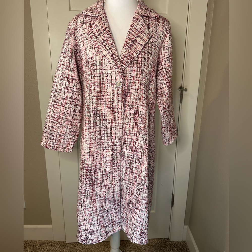 Jinky Brand Women's Small Tweed Long Coat Pink Burgundy Pearl Button‎
